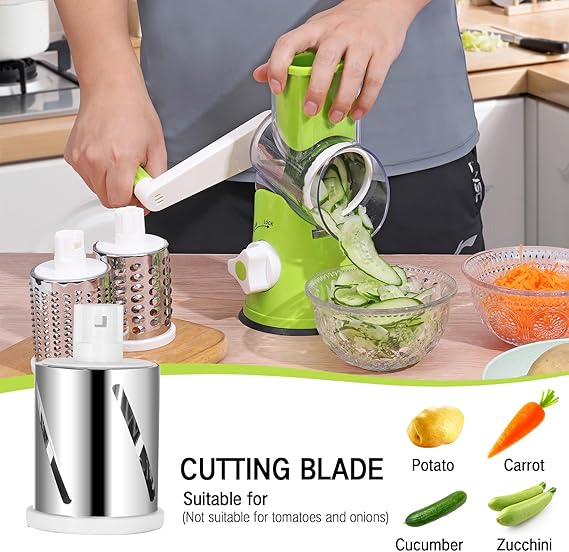 Dreamhigh® Manual Vegetable Cutter Mandoline Cutter with 3 Stainless Steel Drum Shovels, Strong Suction, Vegetable Grater for Kitchen Vegetables, Potatoes, Carrots, Salads, Chopper