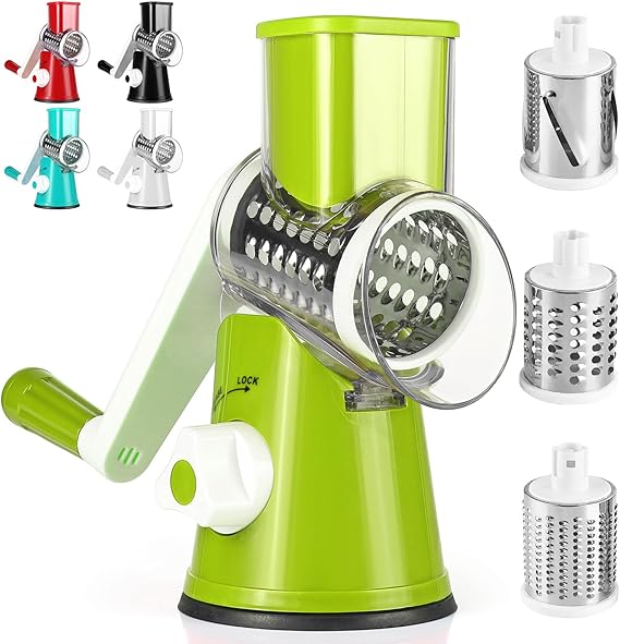 Dreamhigh® Manual Vegetable Cutter Mandoline Cutter with 3 Stainless Steel Drum Shovels, Strong Suction, Vegetable Grater for Kitchen Vegetables, Potatoes, Carrots, Salads, Chopper