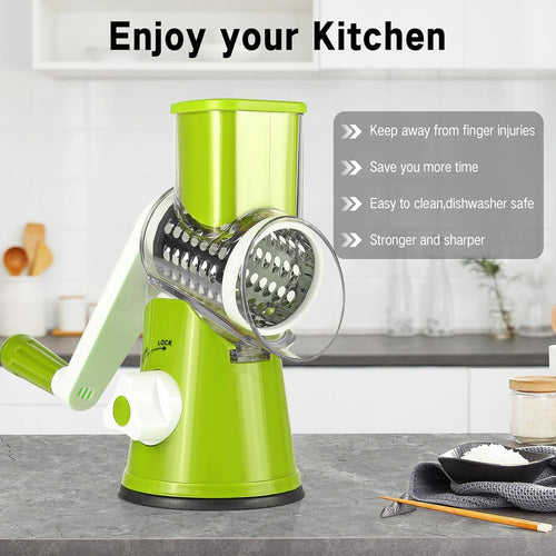 Dreamhigh® Manual Vegetable Cutter Mandoline Cutter with 3 Stainless Steel Drum Shovels, Strong Suction, Vegetable Grater for Kitchen Vegetables, Potatoes, Carrots, Salads, Chopper