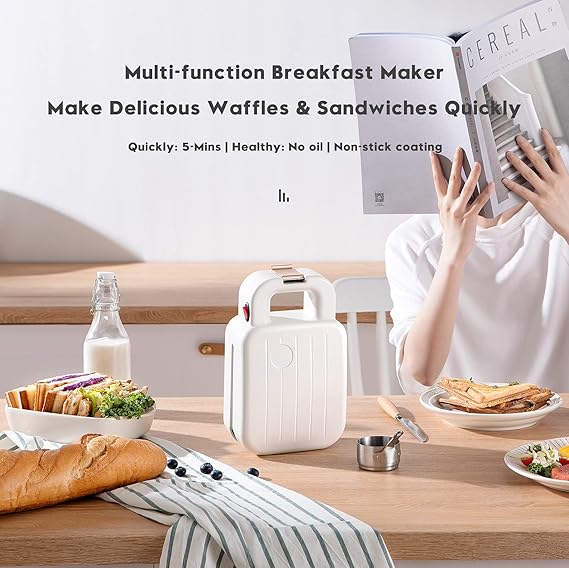 VCJ Mini Sandwich Maker, Portable 2 in 1 Waffle Maker Panini Press Grill (Red)