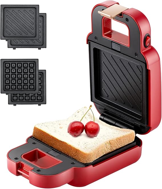 VCJ Mini Sandwich Maker, Portable 2 in 1 Waffle Maker Panini Press Grill (Red)